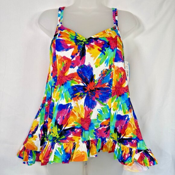 Swim Solutions Womens Hi-Low Floral Printed Beachwear Tankini Swim Top Size 8 - Picture 3 of 10